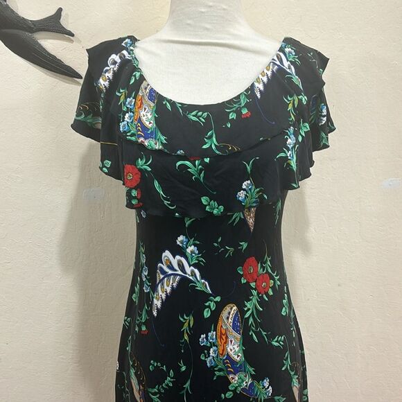 Julie Brown - 100% Silk Floral Print Ruffled Collar Fit & Flare Dress - Size S - Picture 4 of 8